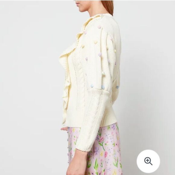 Olivia‎ Rubin Women's Cream Rou Pompom Ruffled Knitted Cotton Cardigan XS - Picture 3 of 6